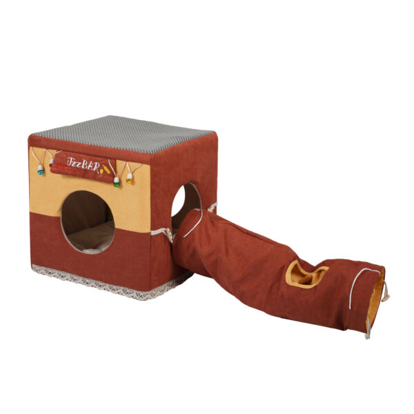 Coziwow Collapsible Cat Tunnel Cubes, Hide Cat Tunnel bed W/ Hanging Scratching Balls, Light Brown CW12K0402 5