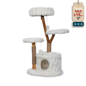 Coziwow 42"H Wood Cat Tree Climber Shelves, Natural Branch Cat Tower with Condo, White CW12K0528