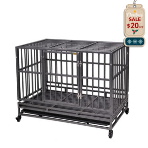 Coziwow 37″L Heavy Duty Dog Crate, Dog Kennel Cage With Lockable Wheels, Flat Roof CW12L0313 2