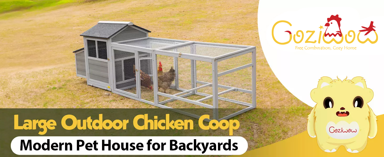 71"L Wood Chicken Coop with Mesh Run, for 4 Chickens, Grey CW12L0493 1