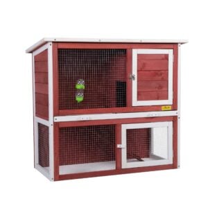 2-Tier Wood Indoor Outdoor Rabbit Hutch for Small Animal Pet w/ Sloped Weatherproof Roof & Ramp CW12M0242 12