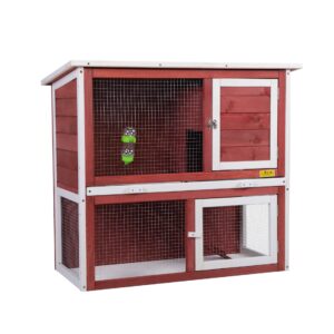 35″L 2-Tier Wood Waterproof Rabbit Hutch, Guinea Pig Cage, Indoor/Outdoor, For 1-2 Small Animals, Red CW12M0242 12 Rabbit Supplies