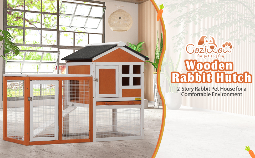 Coziwow 47″L 2-Story Wooden Rabbit Hutch, for 1-2 Bunnies, Indoor and Outdoor, Red + White