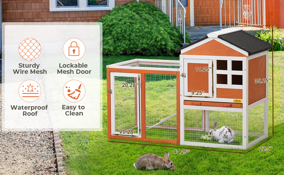 Coziwow 47″L 2-Story Wooden Rabbit Hutch, for 1-2 Bunnies, Indoor and Outdoor, Red + White