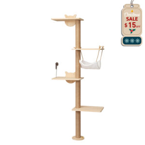 Coziwow 69"H 4-Tier Wooden Wall Mounted Cat Tree Climber with Toy Mouse, Burlywood CW12P0514 nov15