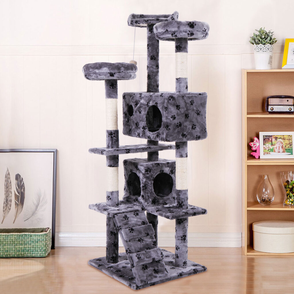 Coziwow 60″H Multi-Level Cat Tree Tower Kitten Condo House With Scratching Posts, Dangling Pompon, Gray Paw Print CW12R0209 15 1