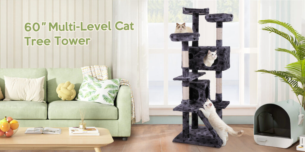 Coziwow 60″H Multi-Level Cat Tree Tower Kitten Condo House With Scratching Posts, Dangling Pompon, Gray Paw Print CW12R0209zt Grace2000x10001 1