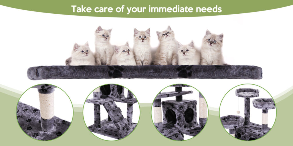 Coziwow 60″H Multi-Level Cat Tree Tower Kitten Condo House With Scratching Posts, Dangling Pompon, Gray Paw Print CW12R0209zt Grace2000x10002