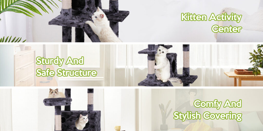 Coziwow 60″H Multi-Level Cat Tree Tower Kitten Condo House With Scratching Posts, Dangling Pompon, Gray Paw Print CW12R0209zt Grace2000x10003