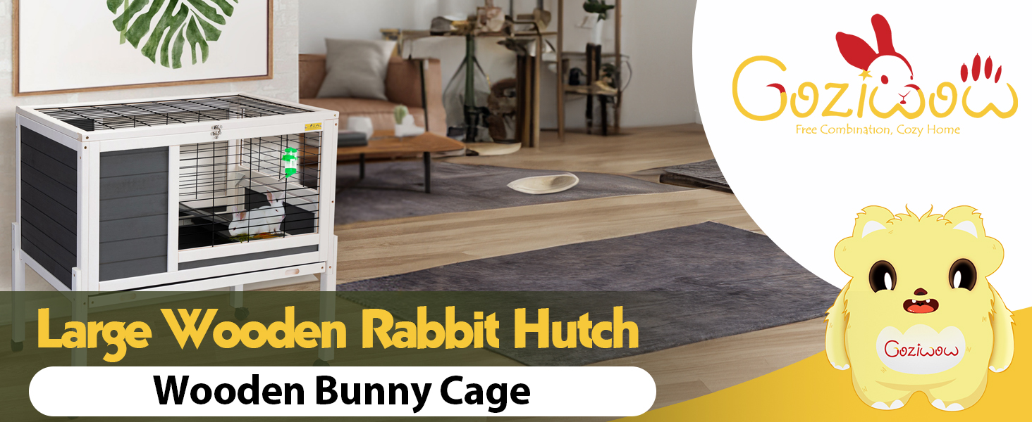 37"L Elevated Wood Rabbit Hutch With 4 Casters, for 1-2 Bunnies, Gray + White CW12S0336 1