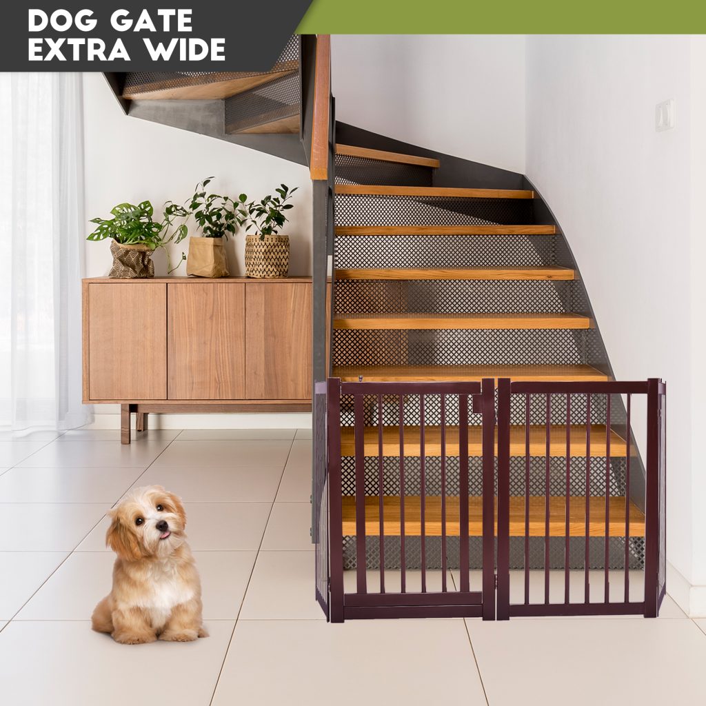 Coziwow 30"H 4 Panels Folding Wood Dog Gate, Lockable Freestanding Dog Fence with Latch Door, Width to 80.3", Brown CW12X0232 SidLou2000x20001