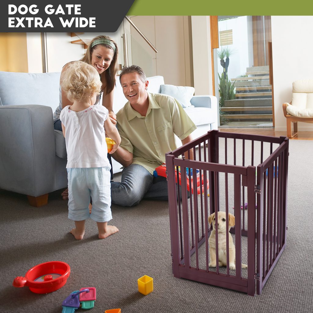 Coziwow 30"H 4 Panels Folding Wood Dog Gate, Lockable Freestanding Dog Fence with Latch Door, Width to 80.3", Brown CW12X0232 SidLou2000x20003