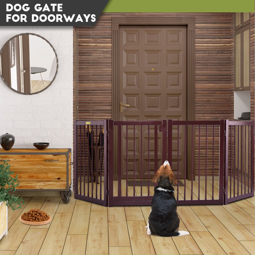 4-Panel Wood Dog Gate Folding Fence w/ 360-Degree Rotating Door for Small Pets, Brown CW12X0232 SidLou2000x20004