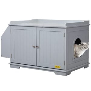 Wooden Cat Litter Box Enclosure w/ Removable Partition & Magazine Rack, Gray CW12X0484 4 1 Cat Litter