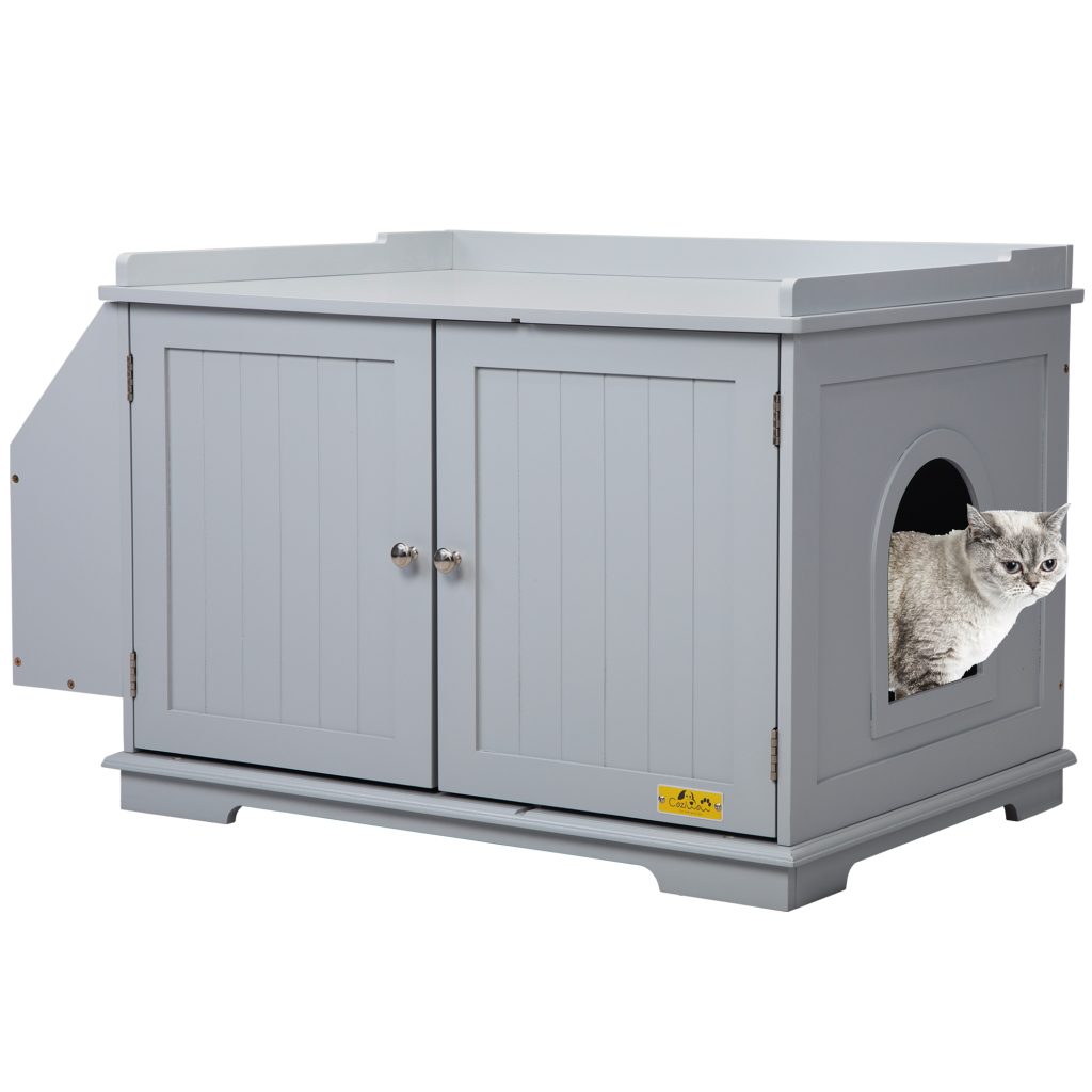 Wooden Cat Litter Box Enclosure w/ Removable Partition & Magazine Rack, Gray CW12X0484 4