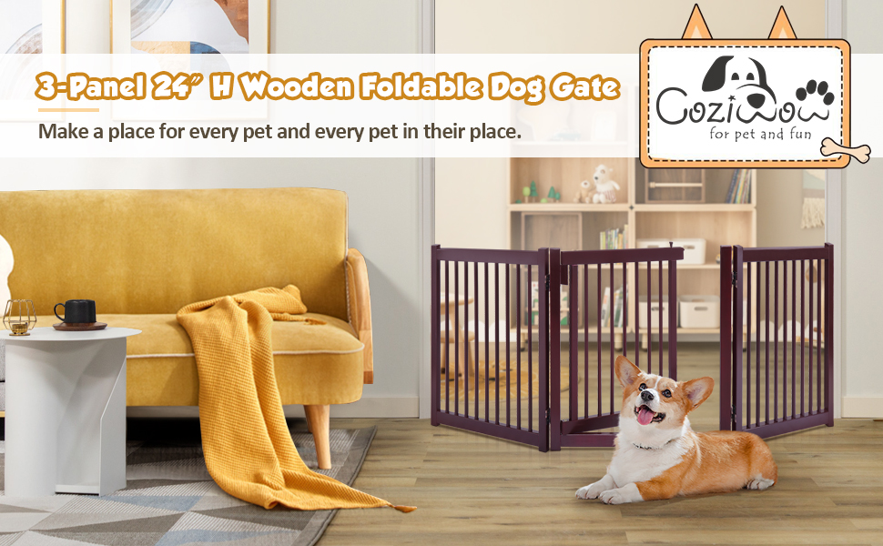 Coziwow 24" 3 Panels Wooden Folding Indoor Dog Gate, Adjustable Freestanding Pet Fence with Lockable Door, 360-Degree Rotation Hinges, Dark Espresso CW12Y0233ARebecca970X6001