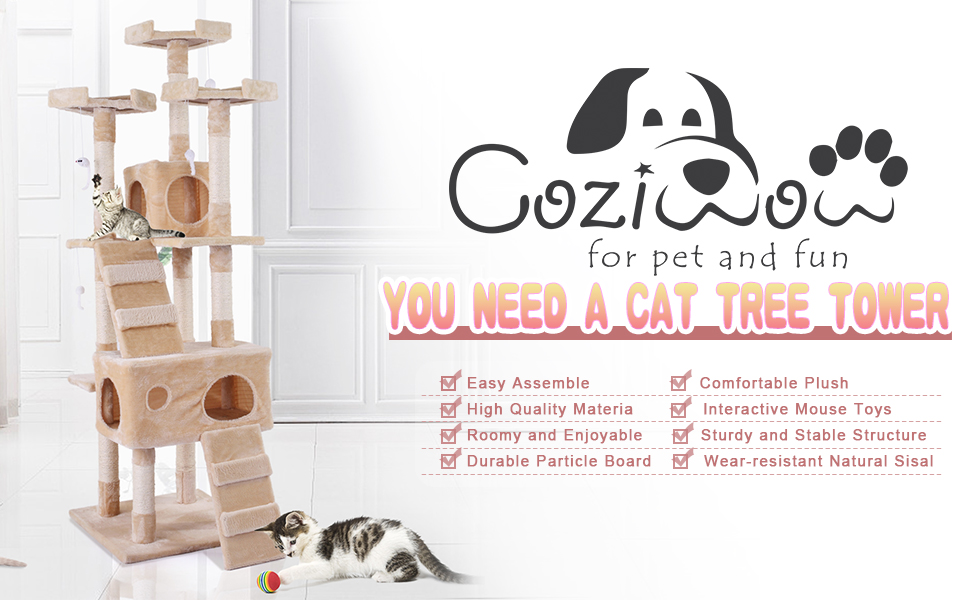 Coziwow 67″ Soft Flannel Covered Multi-Level Cat Tree Tower Condo House For Multiple Cats W/ 3 Perches, 2 Climbing Ladders, 4 Hanging Toys, Beige DM 20220527134445 001