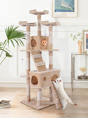 Coziwow 67″ Soft Flannel Covered Multi-Level Cat Tree Tower Condo House For Multiple Cats W/ 3 Perches, 2 Climbing Ladders, 4 Hanging Toys, Beige DM 20220527134445 002