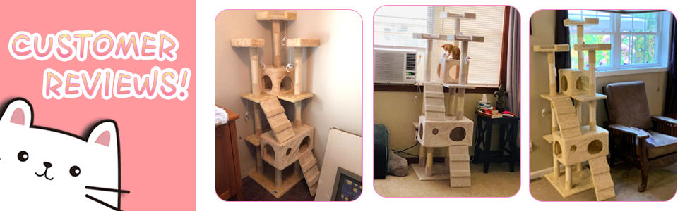 Coziwow 67″ Soft Flannel Covered Multi-Level Cat Tree Tower Condo House For Multiple Cats W/ 3 Perches, 2 Climbing Ladders, 4 Hanging Toys, Beige DM 20220527134445 008
