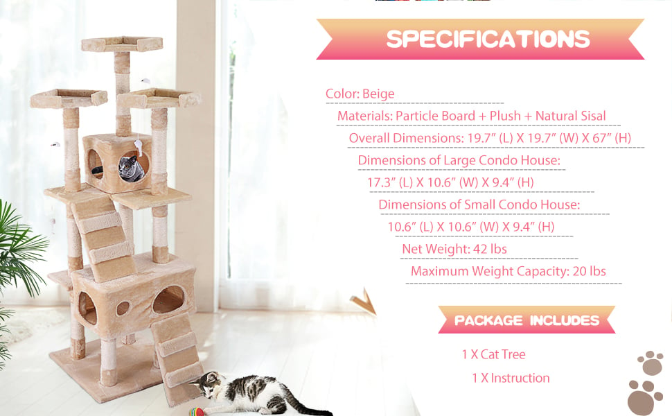Coziwow 67″ Soft Flannel Covered Multi-Level Cat Tree Tower Condo House For Multiple Cats W/ 3 Perches, 2 Climbing Ladders, 4 Hanging Toys, Beige DM 20220527134445 009