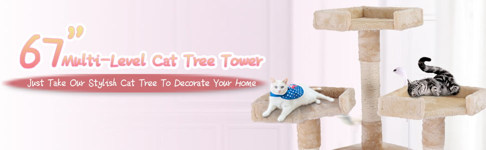 Coziwow 67″ Soft Flannel Covered Multi-Level Cat Tree Tower Condo House For Multiple Cats W/ 3 Perches, 2 Climbing Ladders, 4 Hanging Toys, Beige DM 20220527134445 010
