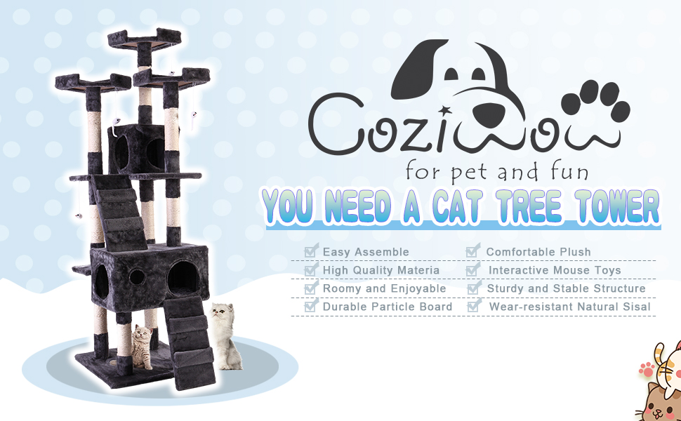 Coziwow 67″ Large Multi-Level Cat Tree Tower Kitty Play Activity Center W/ Climbing Ladders, Hanging Mouse Toy, 3 Perches, Gray DM 20220527161133 001