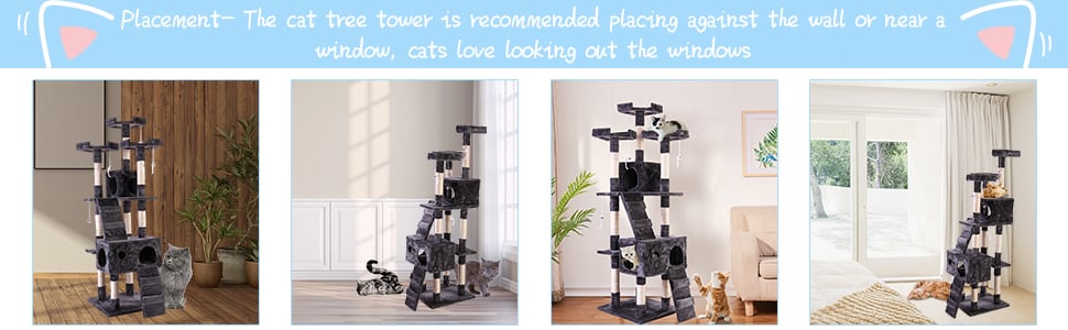 Coziwow 67″ Large Multi-Level Cat Tree Tower Kitty Play Activity Center W/ Climbing Ladders, Hanging Mouse Toy, 3 Perches, Gray DM 20220527161133 008