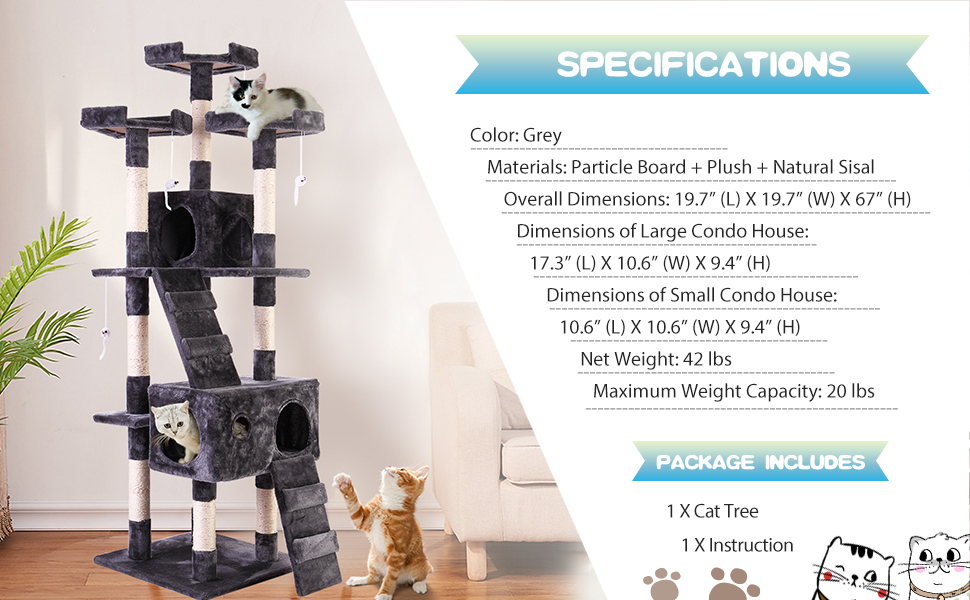 Coziwow 67″ Large Multi-Level Cat Tree Tower Kitty Play Activity Center W/ Climbing Ladders, Hanging Mouse Toy, 3 Perches, Gray DM 20220527161133 009