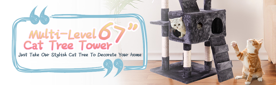 Coziwow 67″ Large Multi-Level Cat Tree Tower Kitty Play Activity Center W/ Climbing Ladders, Hanging Mouse Toy, 3 Perches, Gray DM 20220527161133 010