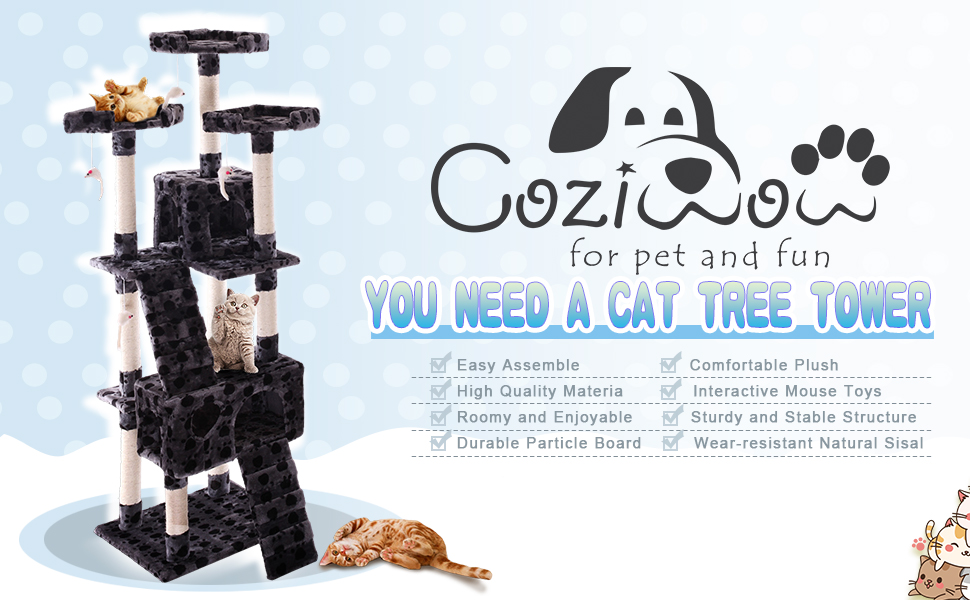 Coziwow 67" Multi-Level Cat Tree Tower Kitten Condo House with Scratching Posts, Grey with Paw Print DM 20220527165444 004 1 副本