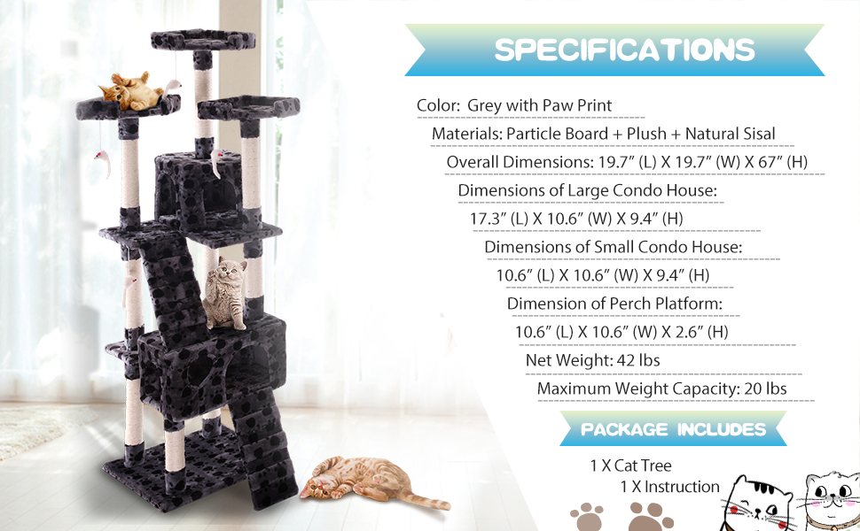 Coziwow 67" Multi-Level Cat Tree Tower Kitten Condo House with Scratching Posts, Grey with Paw Print DM 20220527165444 005 副本
