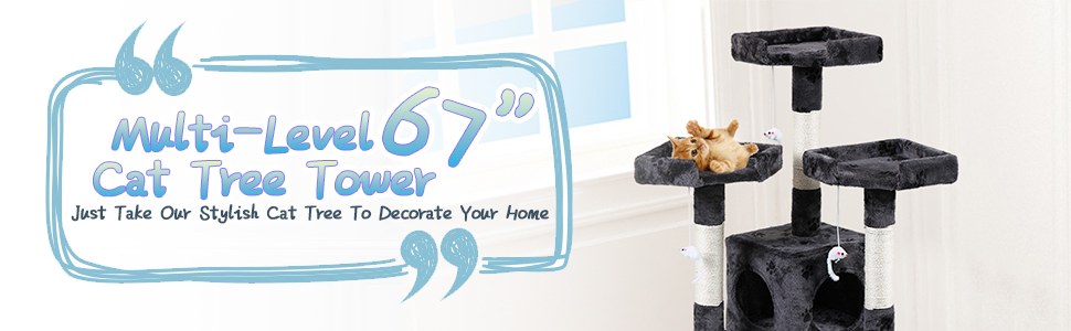 Coziwow 67" Multi-Level Cat Tree Tower Kitten Condo House with Scratching Posts, Grey with Paw Print DM 20220527165444 009