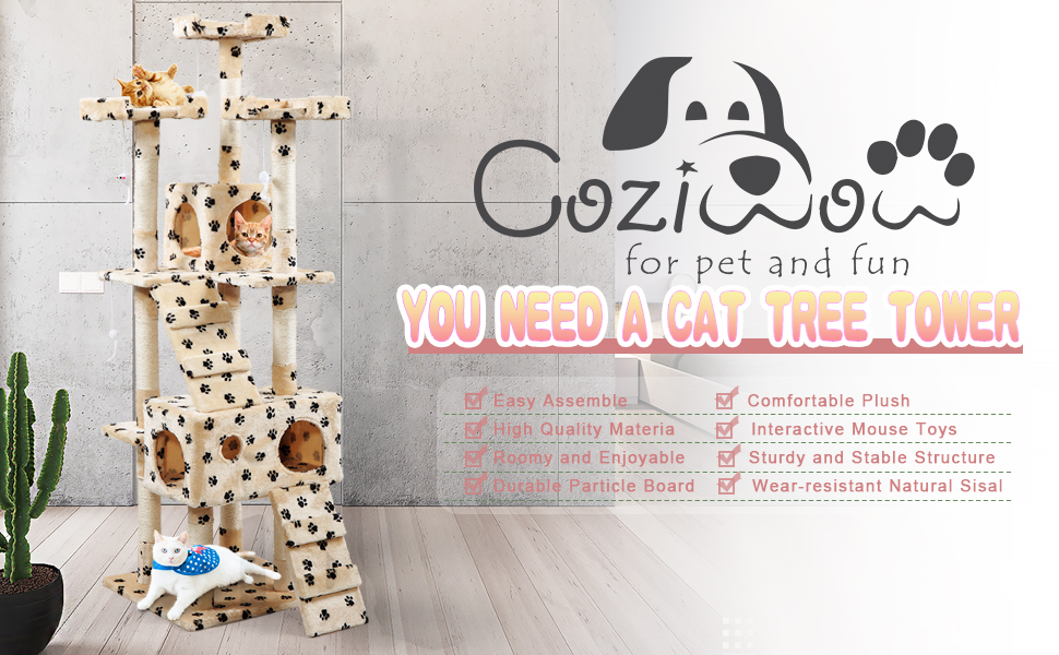 Coziwow 67" High Multi-Level Cat Tree Tower Condo Play House w/ 2 Rooms and Scratching Posts, Cream Color with Paws DM 20220530110557 001