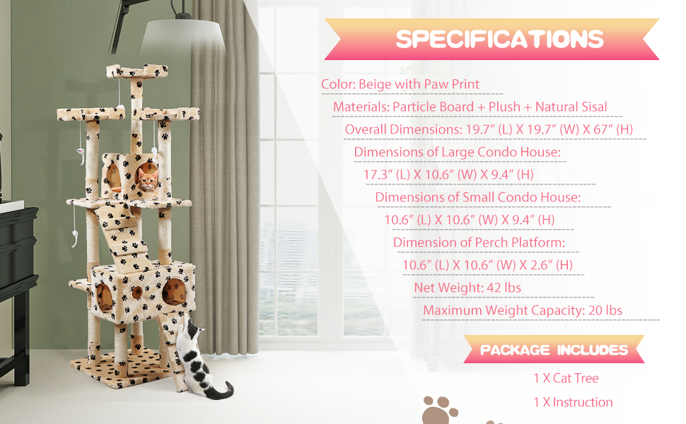 Coziwow 67" High Multi-Level Cat Tree Tower Condo Play House w/ 2 Rooms and Scratching Posts, Cream Color with Paws DM 20220530110557 009