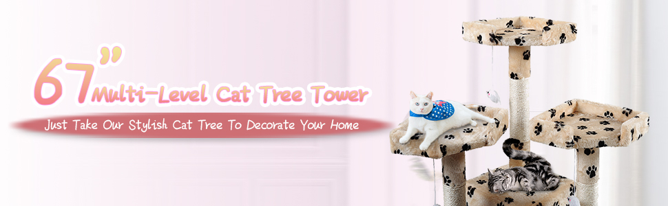 Coziwow 67" High Multi-Level Cat Tree Tower Condo Play House w/ 2 Rooms and Scratching Posts, Cream Color with Paws DM 20220530110557 010