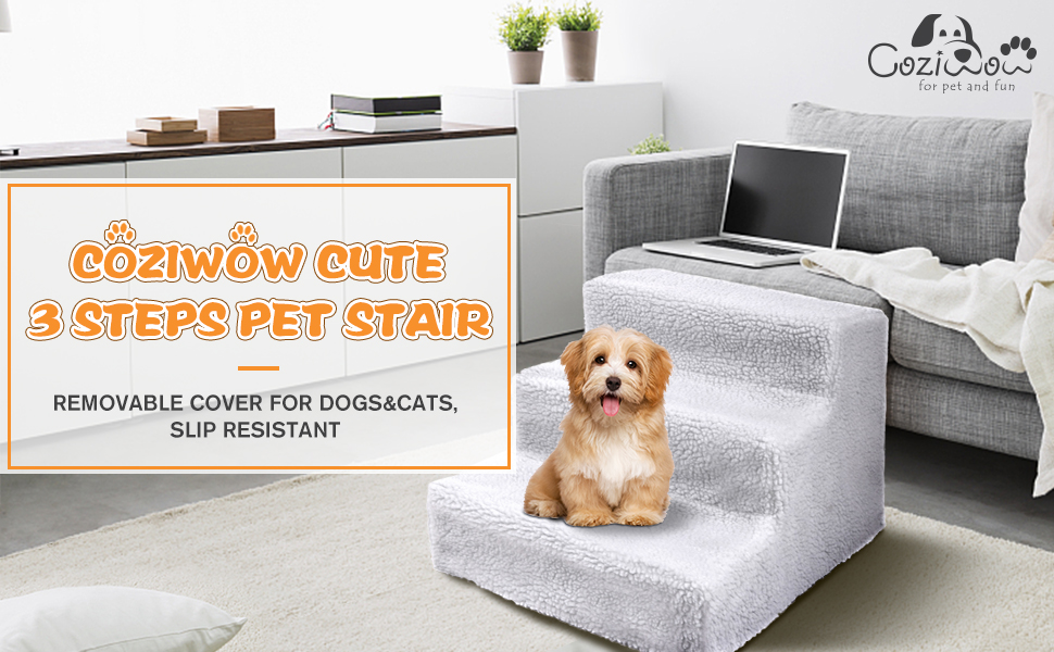 Coziwow Luxury Sturdy 3-Step Portable Dog Stair Helper for Small Pets, with Machine Washable Cover, PP Material, White DM 20220530132416 001