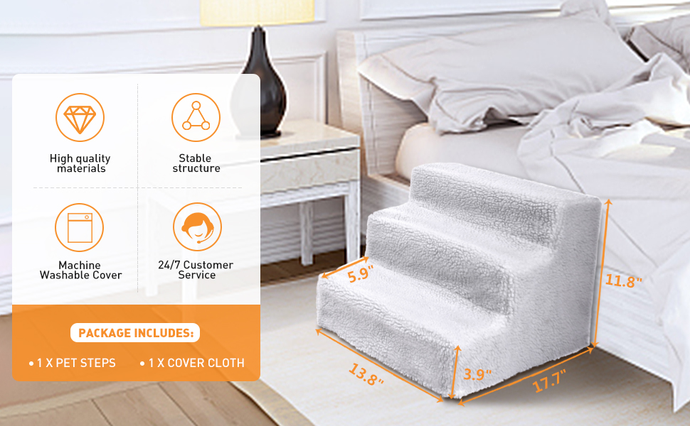 Coziwow Luxury Sturdy 3-Step Portable Dog Stair Helper for Small Pets, with Machine Washable Cover, PP Material, White DM 20220530132416 007