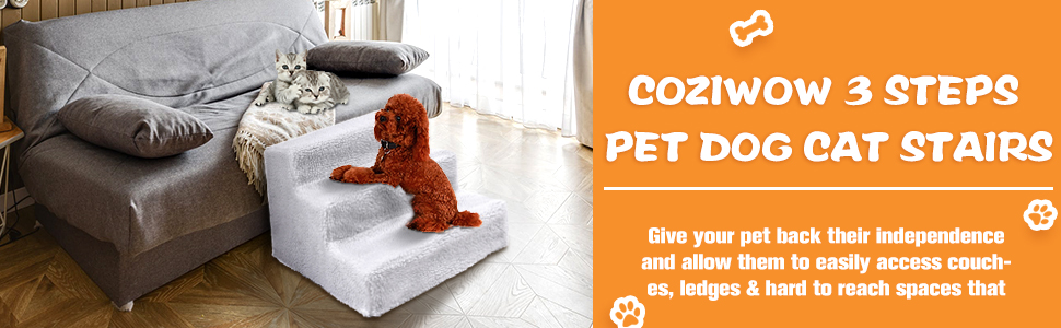 Coziwow Luxury Sturdy 3-Step Portable Dog Stair Helper for Small Pets, with Machine Washable Cover, PP Material, White DM 20220530132416 008
