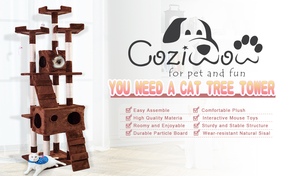 Coziwow 67" Cat Condo Tree Tower for Multiple Cats with 2 Boxes and 3 Perches, Brown DM 20220530163347 001