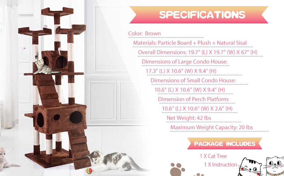 Coziwow 67" Cat Condo Tree Tower for Multiple Cats with 2 Boxes and 3 Perches, Brown DM 20220530163347 008