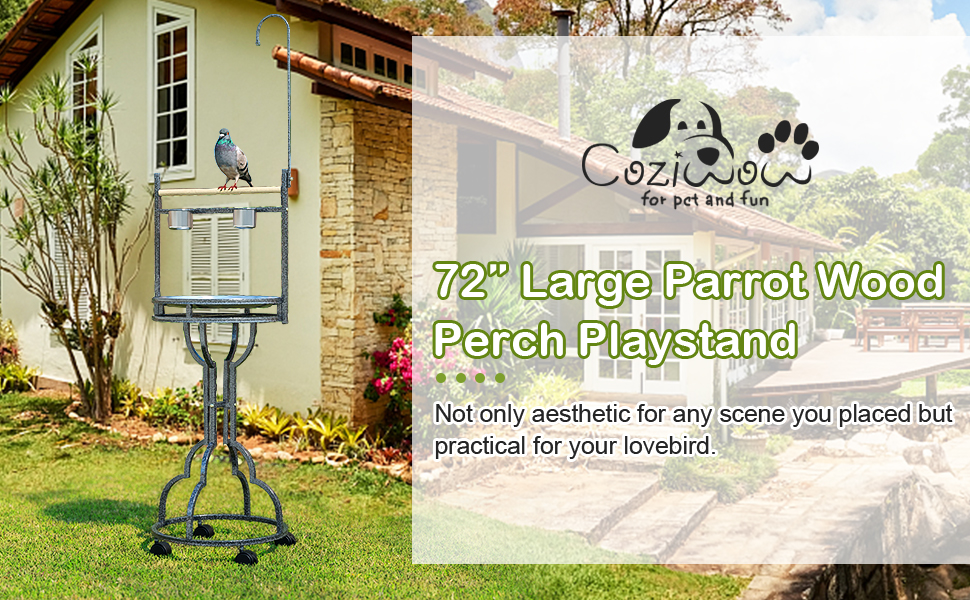 Coziwow 72" Wood Parrot Perch Playstand Bird Stand with Stainless Steel Tray DM 20220531152456 001