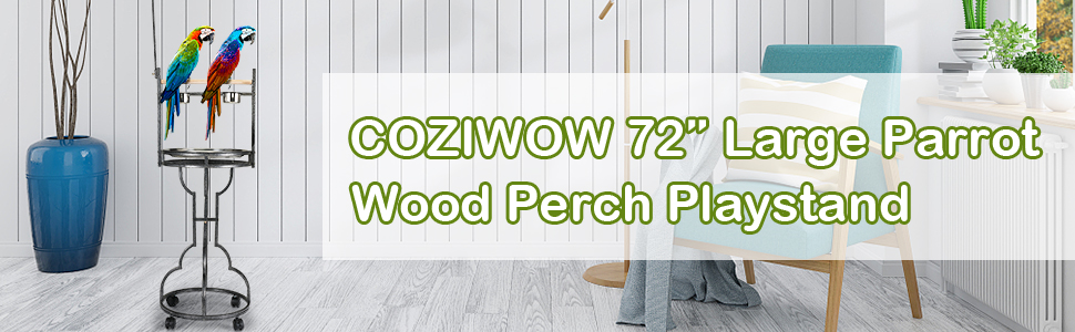 Coziwow 72" Wood Parrot Perch Playstand Bird Stand with Stainless Steel Tray DM 20220531152516 001