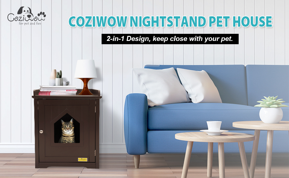 Coziwow Hideable Cat Litter Box W/ Apron Top, Cat House Nightstand W/ Cat Hole, Brown DM 20220531153822 001