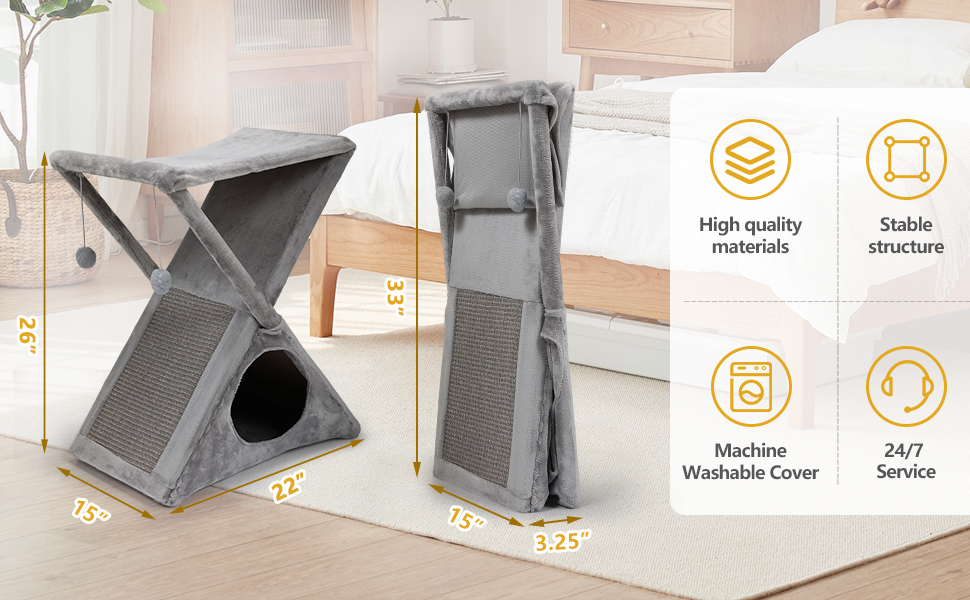 Coziwow 26" X-Frame Foldable Cat Tower Tree Climber, Double-Deck Pet House Bed with Scratcher, Gray DM 20220531162358 001