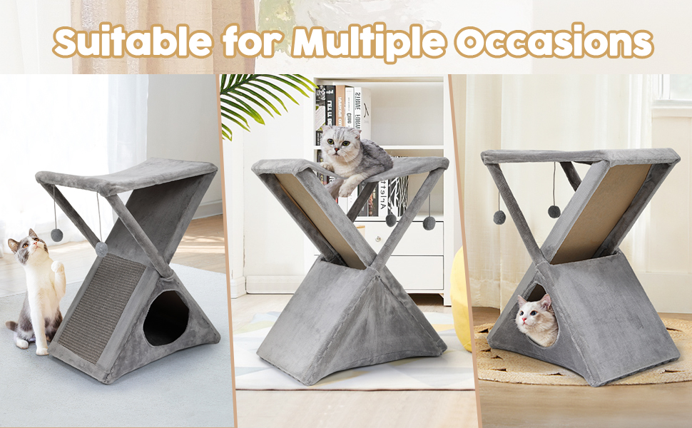 Coziwow 26" X-Frame Foldable Cat Tower Tree Climber, Double-Deck Pet House Bed with Scratcher, Gray DM 20220531162402 001