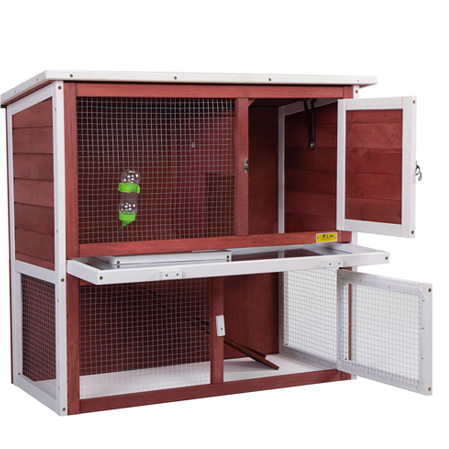 35″L 2-Tier Wood Waterproof Rabbit Hutch, Guinea Pig Cage, Indoor/Outdoor, For 1-2 Small Animals, Red 图文2