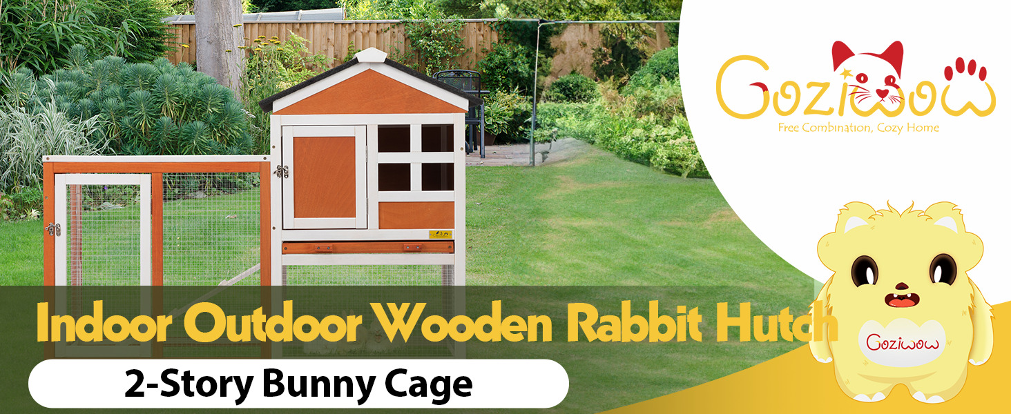47″L 2-Story Wooden Rabbit Hutch With Hinged Asphalt Roof, for 1-2 Bunnies, Red + White 画板 1 Chicken Supplies