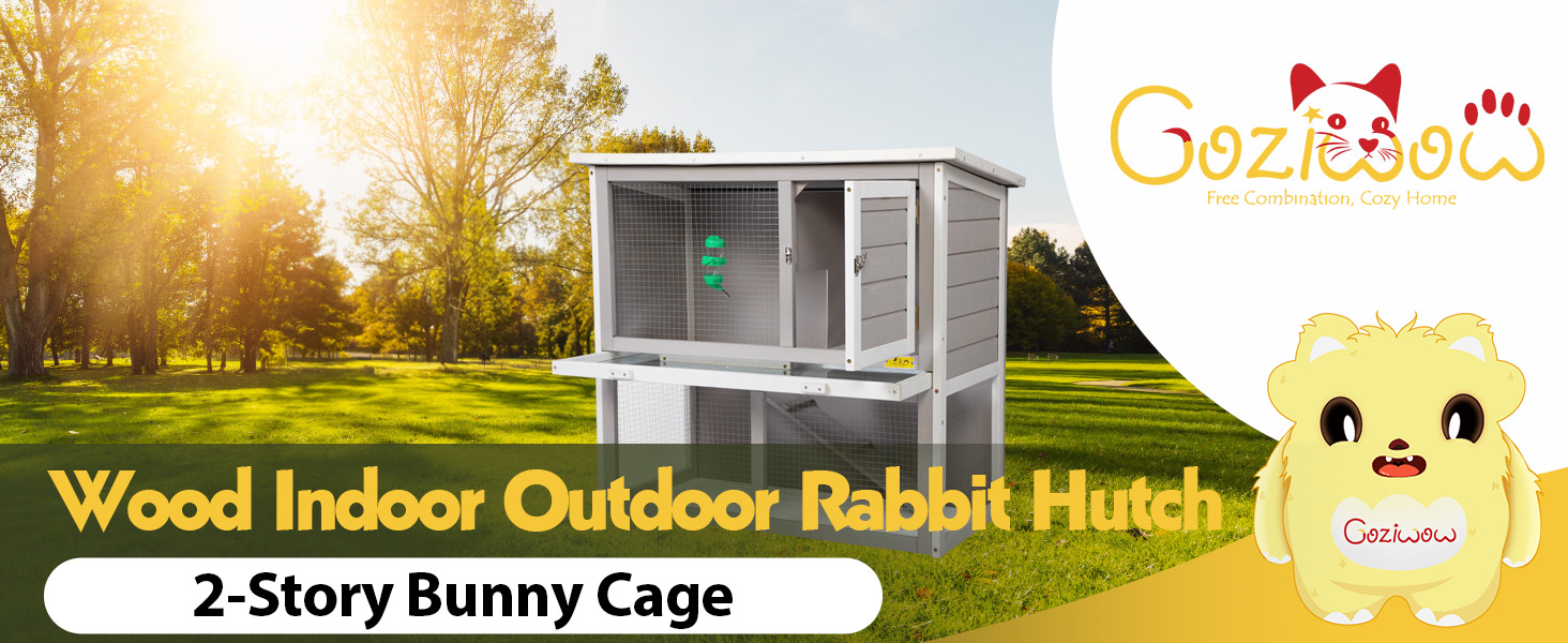 35″L 2-Tier Wood Waterproof Rabbit Hutch, Guinea Pig Cage, Indoor/Outdoor, For 1-2 Small Animals, Gray 1 1 5