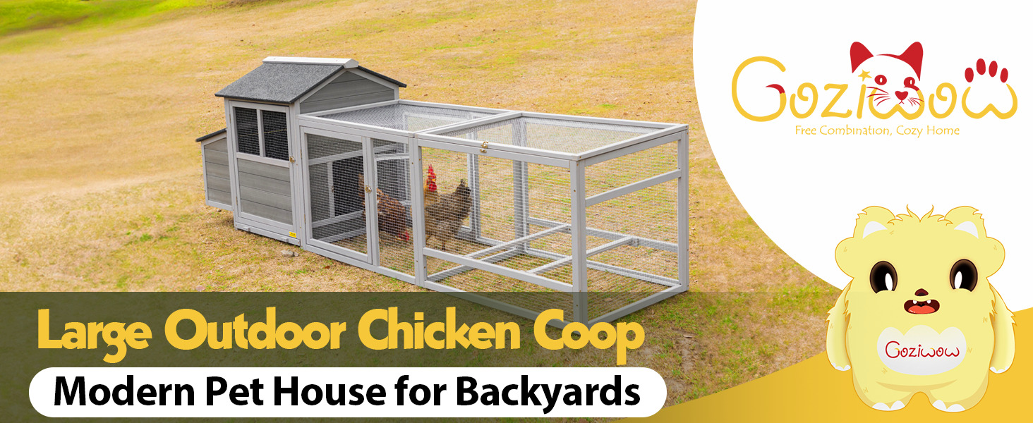 71"L Wood Chicken Coop with Mesh Run, for 4 Chickens, Grey 1 1 6