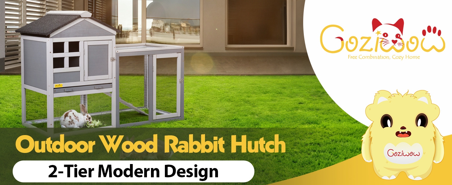 47"L 2-Story Wooden Rabbit Hutch with Hinged Asphalt Roof, for 1-2 Bunnies, Gray 1 2